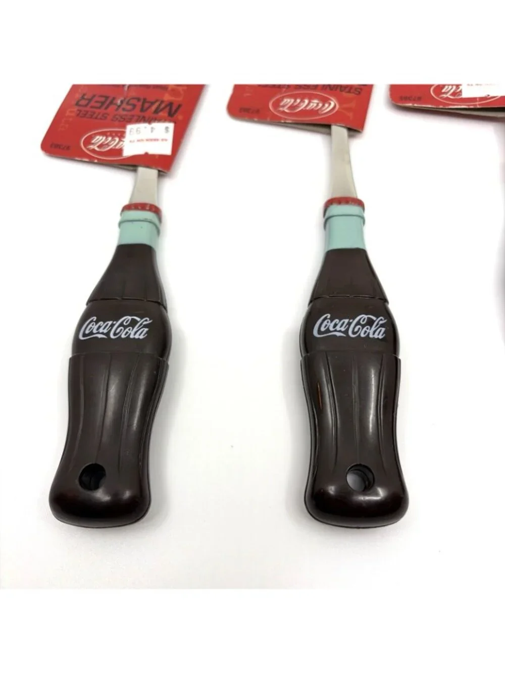 Coca-Cola 4 Pc Bottle Handle Kitchen Utensil Set Spoon Ladle Fork Masher Vintage